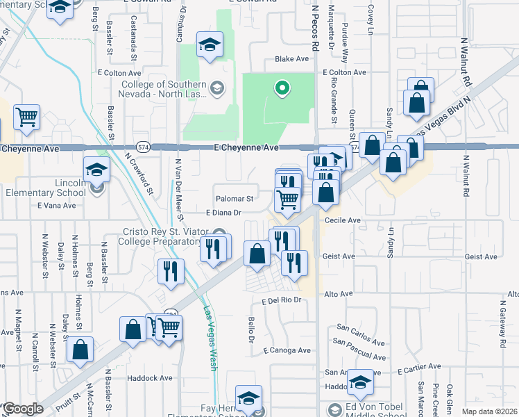 map of restaurants, bars, coffee shops, grocery stores, and more near 3412 East Diana Drive in North Las Vegas