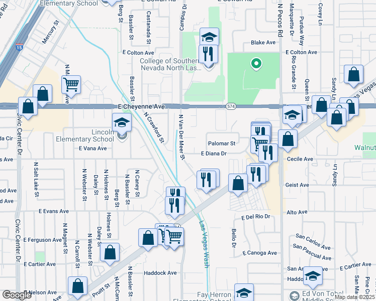map of restaurants, bars, coffee shops, grocery stores, and more near 3012 North Van Der Meer Street in North Las Vegas
