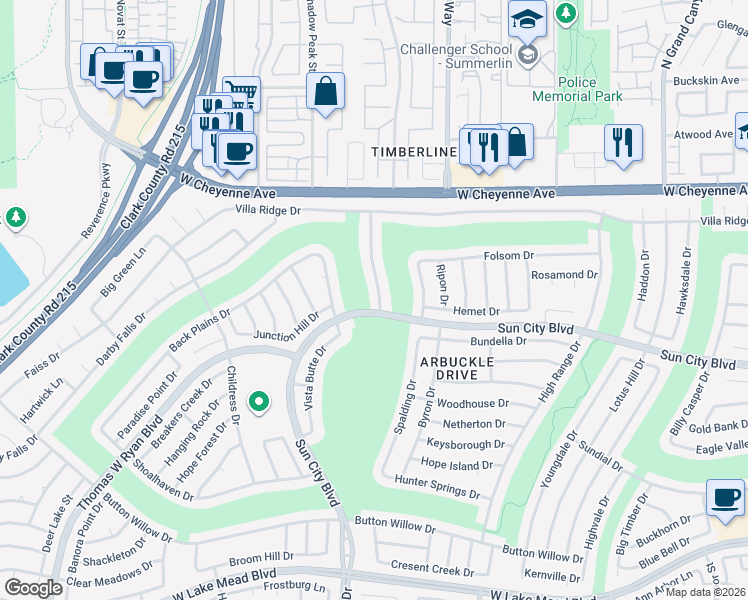 map of restaurants, bars, coffee shops, grocery stores, and more near 3004 Highland Falls Drive in Las Vegas