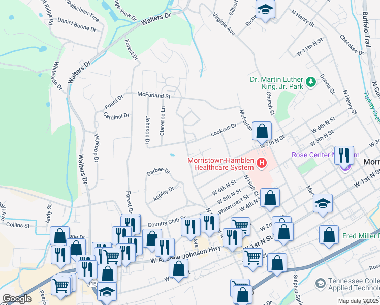 map of restaurants, bars, coffee shops, grocery stores, and more near 1008 North Fairmont Avenue in Morristown