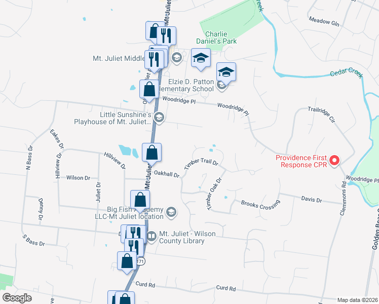 map of restaurants, bars, coffee shops, grocery stores, and more near 6005 Crestview court in Mt. Juliet