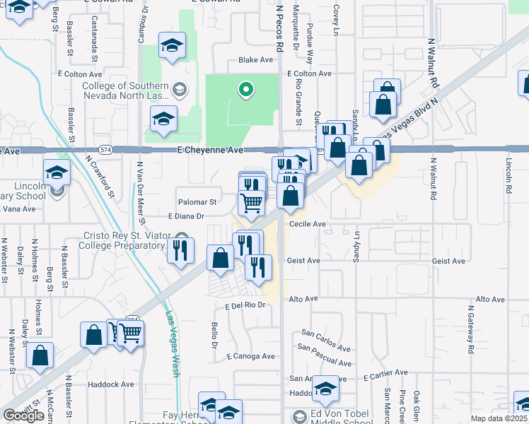 map of restaurants, bars, coffee shops, grocery stores, and more near 2975-3099 North Las Vegas Boulevard in North Las Vegas