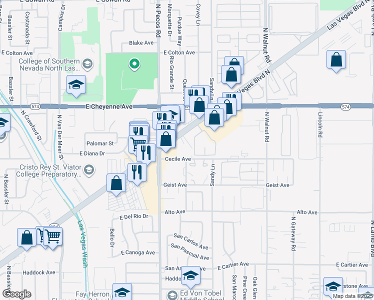map of restaurants, bars, coffee shops, grocery stores, and more near 3174 1/2 Las Vegas Boulevard North in Las Vegas