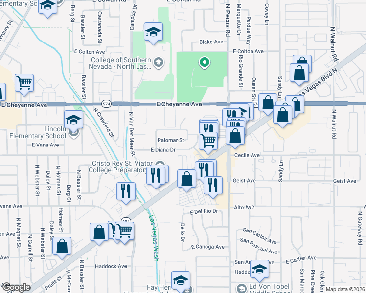 map of restaurants, bars, coffee shops, grocery stores, and more near 3412 East Diana Drive in North Las Vegas