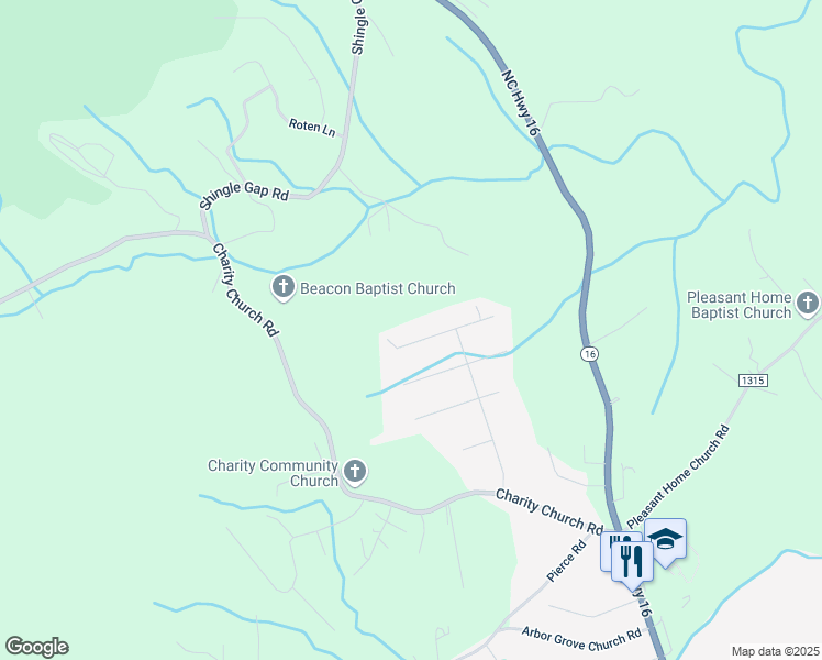 map of restaurants, bars, coffee shops, grocery stores, and more near 164 Springview Drive in Millers Creek