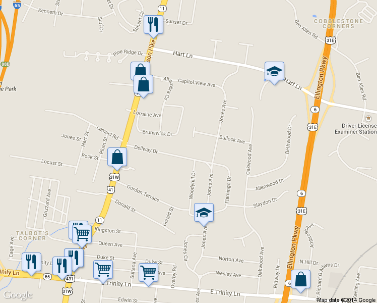 map of restaurants, bars, coffee shops, grocery stores, and more near 153 Dellway Drive in Nashville