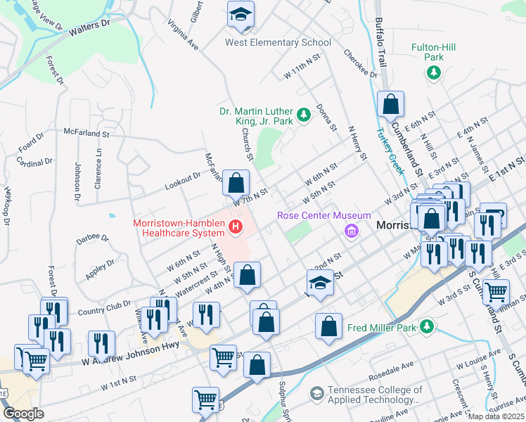 map of restaurants, bars, coffee shops, grocery stores, and more near 726 McFarland Street in Morristown