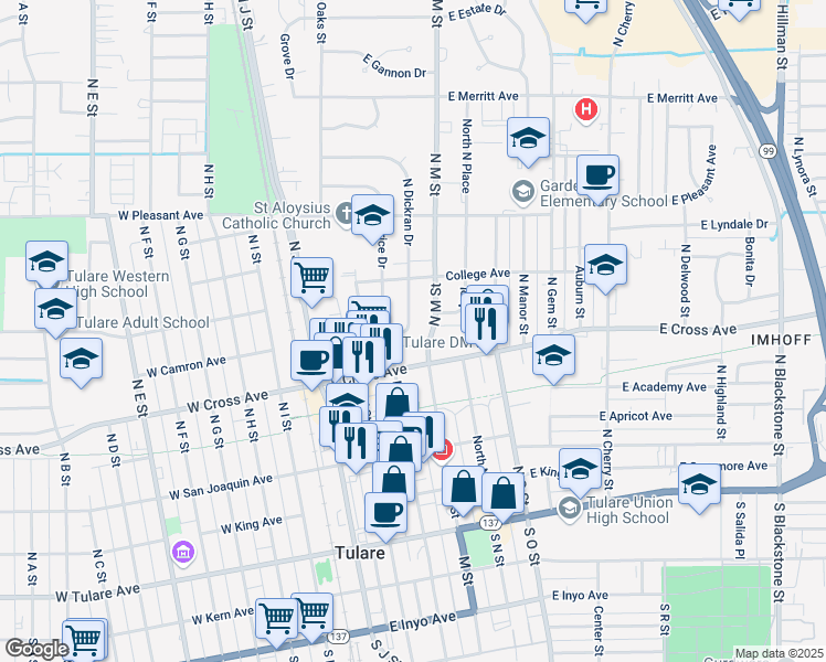 map of restaurants, bars, coffee shops, grocery stores, and more near 522 North Dickran Drive in Tulare
