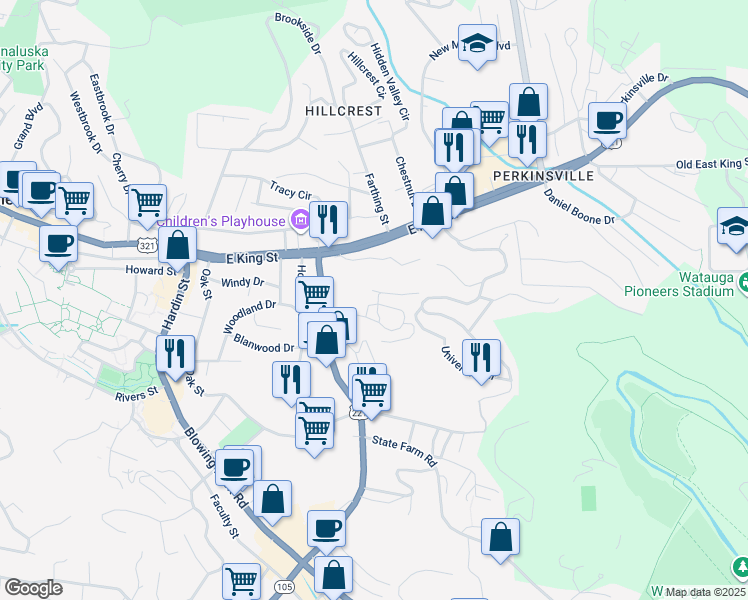 map of restaurants, bars, coffee shops, grocery stores, and more near 155 Pheasant Ridge Road in Boone