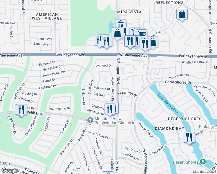 map of restaurants, bars, coffee shops, grocery stores, and more near 3000 Morning Ridge Drive in Las Vegas