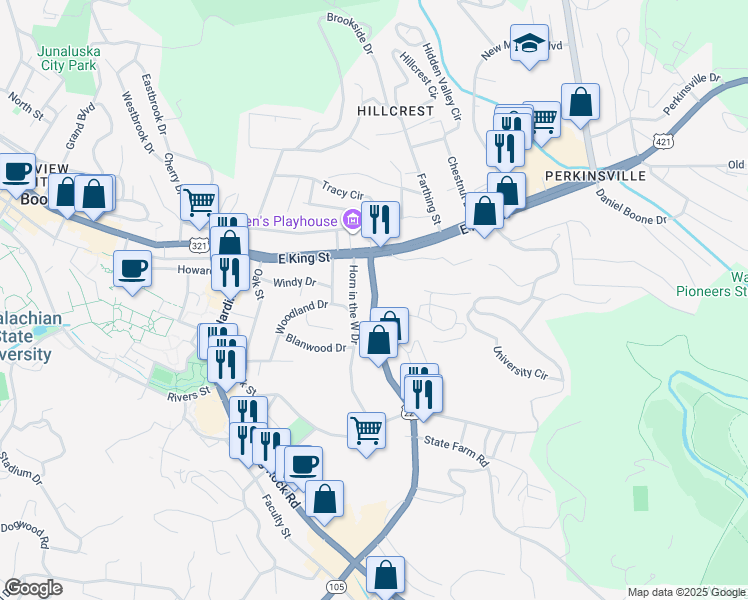 map of restaurants, bars, coffee shops, grocery stores, and more near 240 Extension in Boone