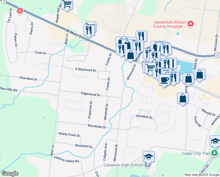 map of restaurants, bars, coffee shops, grocery stores, and more near 131 Trinity Drive in Lebanon