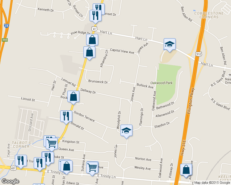 map of restaurants, bars, coffee shops, grocery stores, and more near 153 Dellway Drive in Nashville