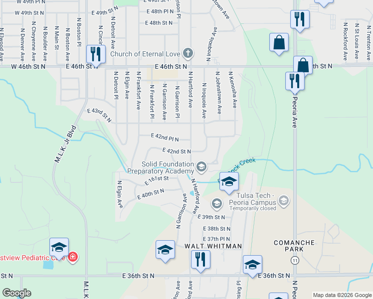 map of restaurants, bars, coffee shops, grocery stores, and more near 2929 South Garnett Road in Tulsa