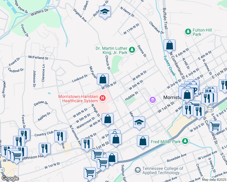 map of restaurants, bars, coffee shops, grocery stores, and more near 726 McFarland Street in Morristown