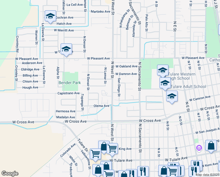 map of restaurants, bars, coffee shops, grocery stores, and more near 553 North West Street in Tulare