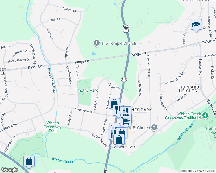 map of restaurants, bars, coffee shops, grocery stores, and more near 4028 Meadow Road in Nashville