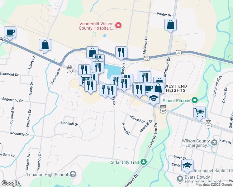map of restaurants, bars, coffee shops, grocery stores, and more near 102 Rocky Road in Lebanon