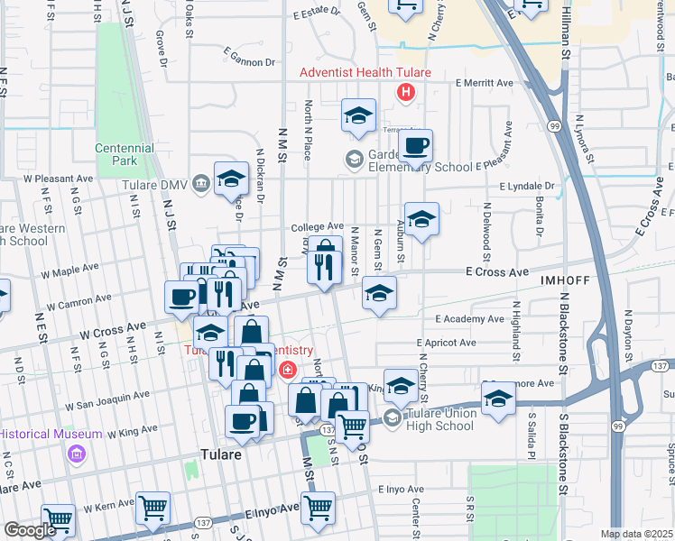 map of restaurants, bars, coffee shops, grocery stores, and more near 512 North O Street in Tulare