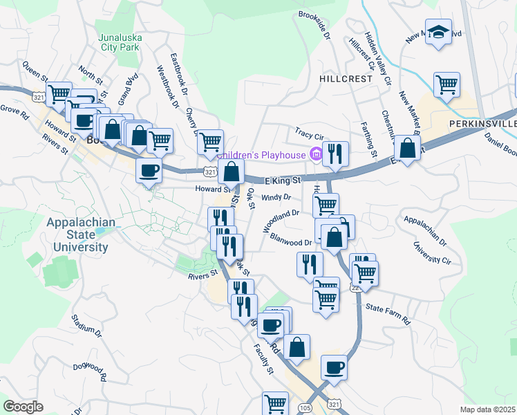 map of restaurants, bars, coffee shops, grocery stores, and more near 221 Oak Street in Boone