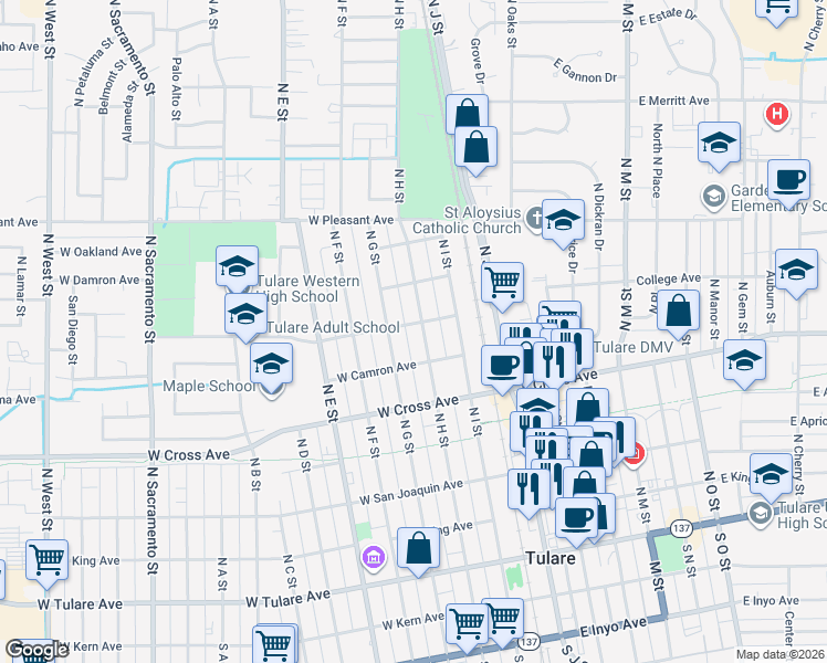 map of restaurants, bars, coffee shops, grocery stores, and more near 624 North H Street in Tulare