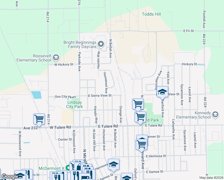 map of restaurants, bars, coffee shops, grocery stores, and more near 528 Mountain View Drive in Lindsay