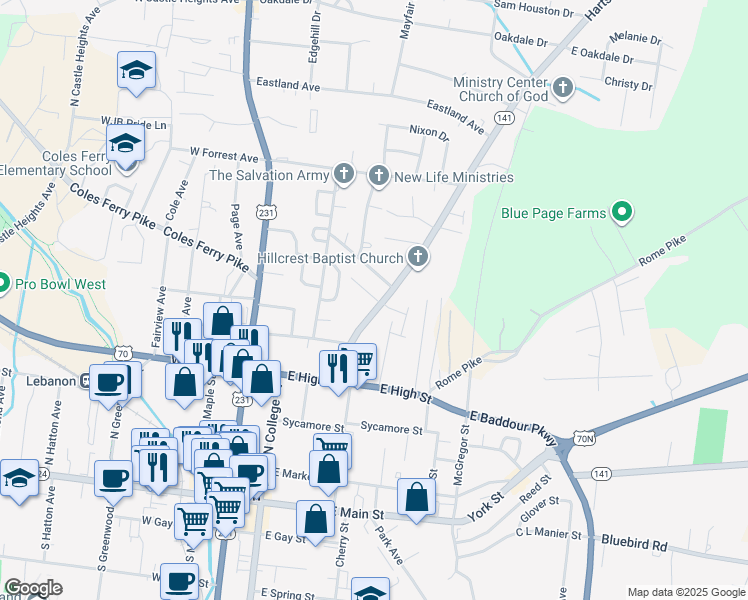 map of restaurants, bars, coffee shops, grocery stores, and more near 610 Hartsville Pike in Lebanon