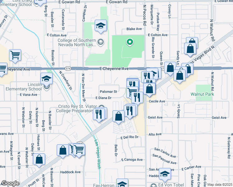 map of restaurants, bars, coffee shops, grocery stores, and more near 3411 Palomar Street in North Las Vegas