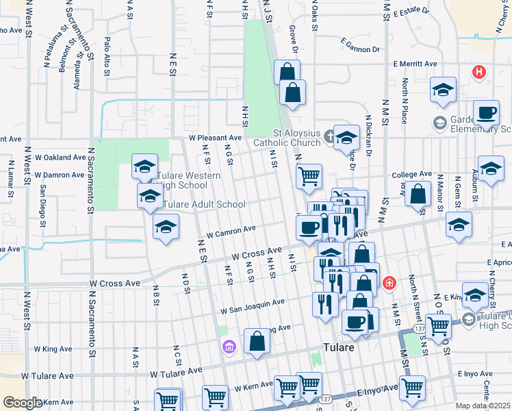 map of restaurants, bars, coffee shops, grocery stores, and more near 624 North H Street in Tulare