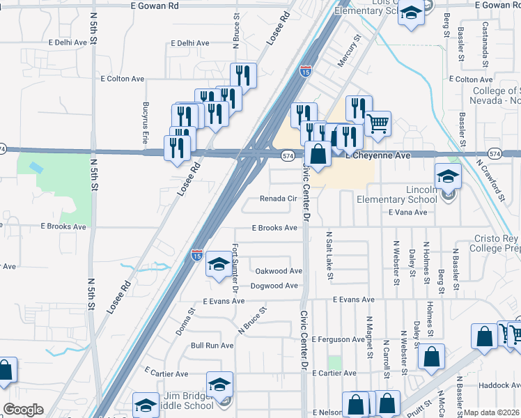 map of restaurants, bars, coffee shops, grocery stores, and more near 1862 Renada Circle in North Las Vegas