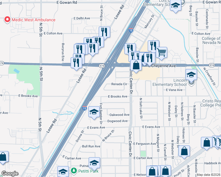 map of restaurants, bars, coffee shops, grocery stores, and more near 1862 Renada Circle in North Las Vegas
