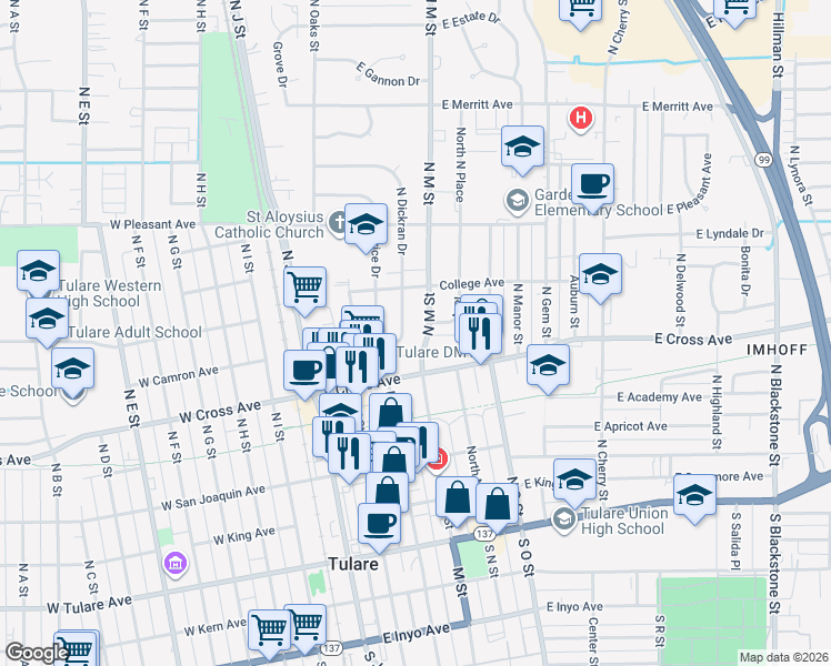 map of restaurants, bars, coffee shops, grocery stores, and more near 512 North M Street in Tulare