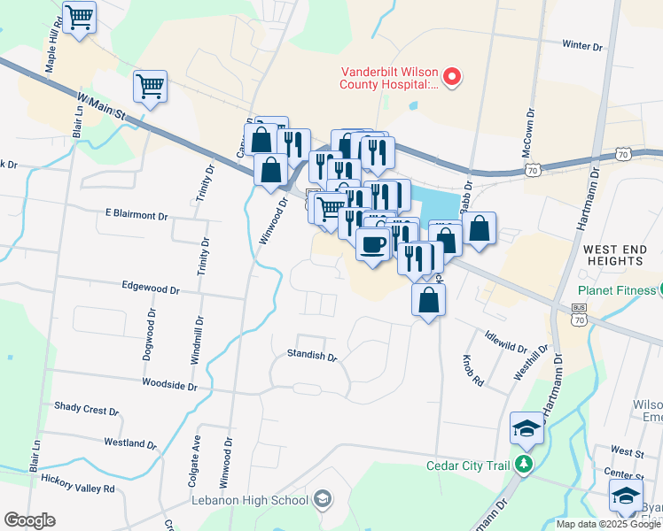map of restaurants, bars, coffee shops, grocery stores, and more near 511 Rollingwood Drive in Lebanon