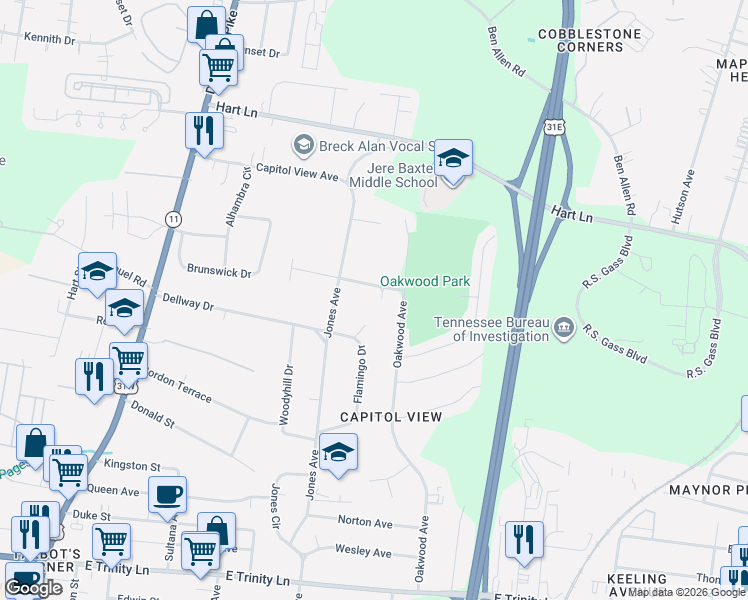 map of restaurants, bars, coffee shops, grocery stores, and more near 2720 Bullock Avenue in Nashville