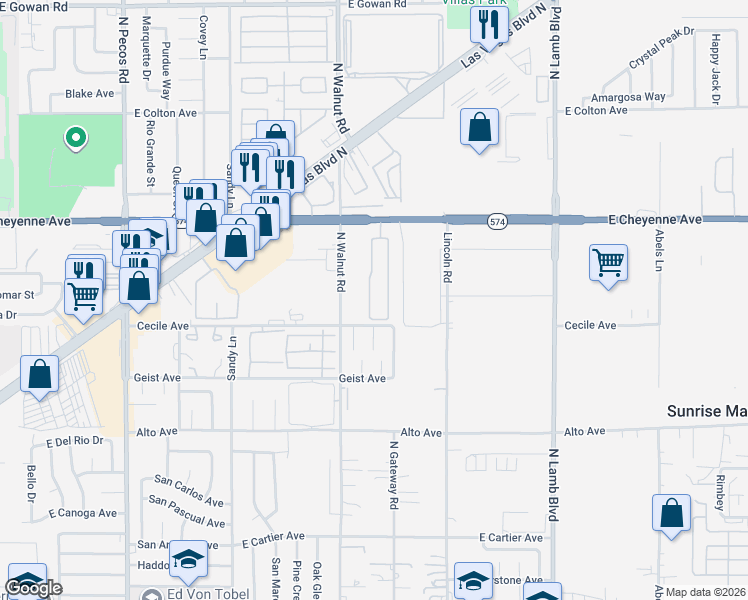map of restaurants, bars, coffee shops, grocery stores, and more near 3985 East Cheyenne Avenue in Las Vegas