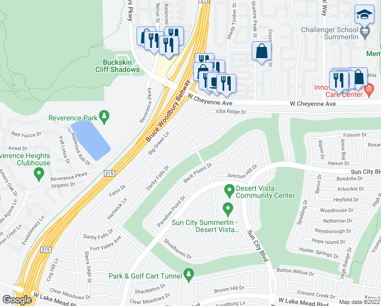 map of restaurants, bars, coffee shops, grocery stores, and more near 2960 Darby Falls Drive in Las Vegas