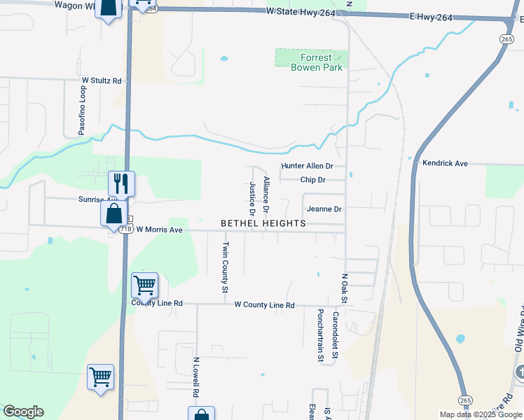 map of restaurants, bars, coffee shops, grocery stores, and more near 3408 Alliance Drive in Springdale