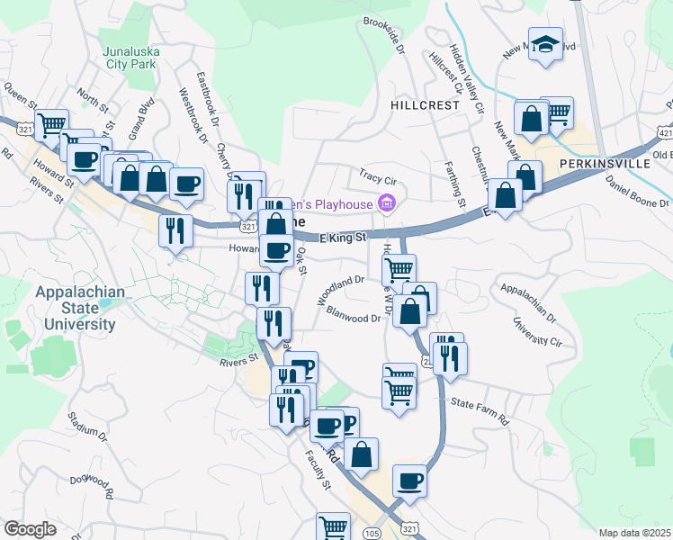 map of restaurants, bars, coffee shops, grocery stores, and more near 134 Bingham Street in Boone