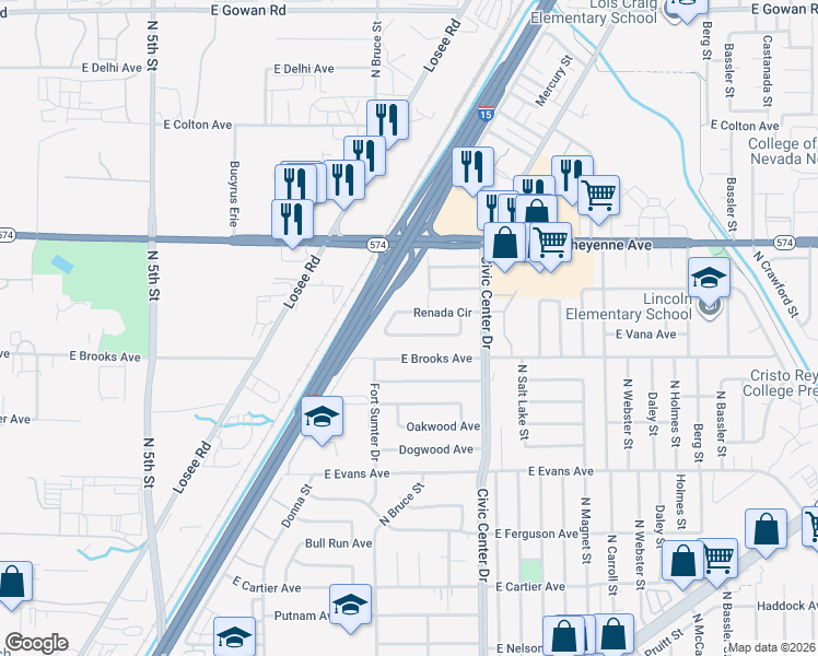 map of restaurants, bars, coffee shops, grocery stores, and more near 1862 Renada Circle in North Las Vegas