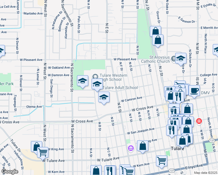 map of restaurants, bars, coffee shops, grocery stores, and more near 512 West Maple Avenue in Tulare