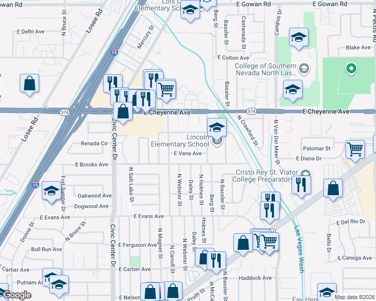 map of restaurants, bars, coffee shops, grocery stores, and more near 2600 East Vana Avenue in North Las Vegas
