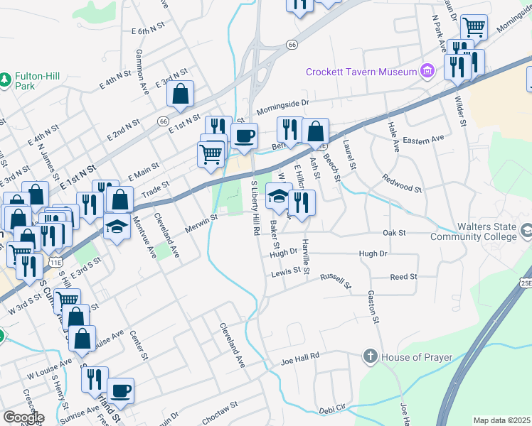 map of restaurants, bars, coffee shops, grocery stores, and more near 407 South Liberty Hill Road in Morristown