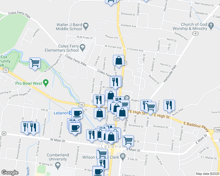 map of restaurants, bars, coffee shops, grocery stores, and more near 200 West Lester Avenue in Lebanon