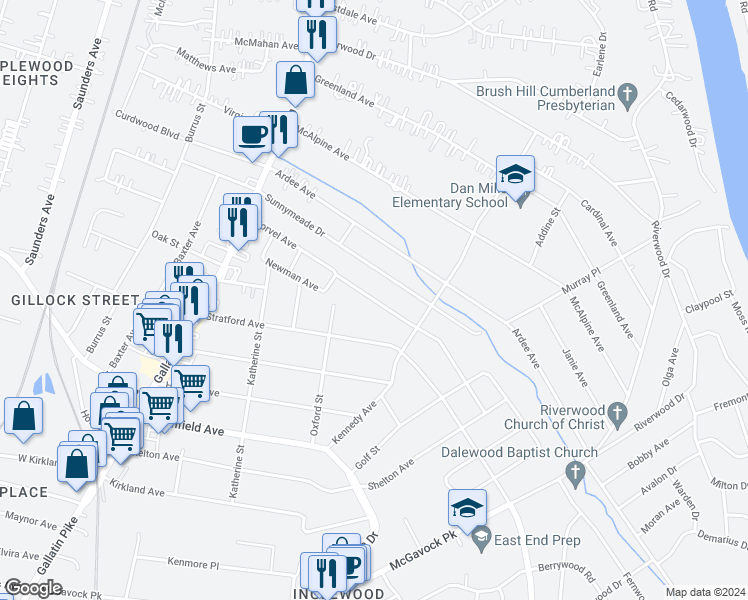 map of restaurants, bars, coffee shops, grocery stores, and more near Norvel Avenue in Nashville