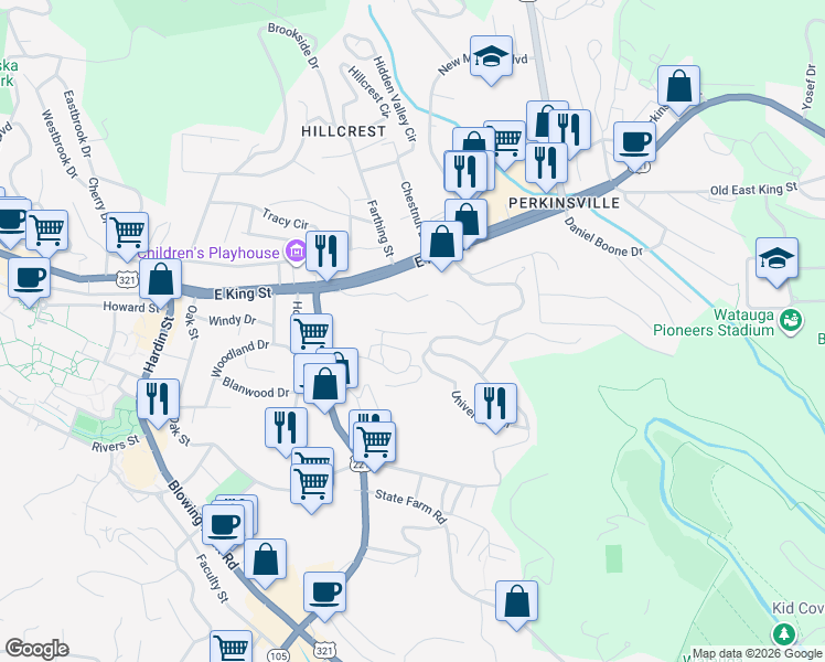 map of restaurants, bars, coffee shops, grocery stores, and more near 567 Appalachian Drive in Boone