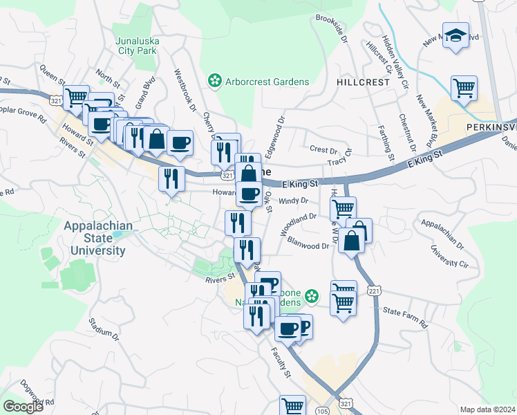 map of restaurants, bars, coffee shops, grocery stores, and more near in Boone