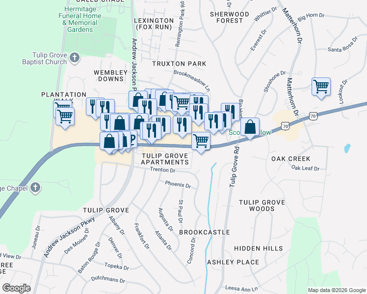 map of restaurants, bars, coffee shops, grocery stores, and more near Lebanon Pike in Nashville