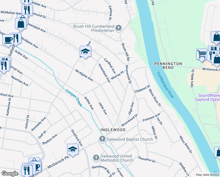 map of restaurants, bars, coffee shops, grocery stores, and more near 1415 McAlpine Avenue in Nashville