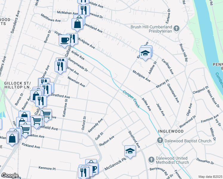 map of restaurants, bars, coffee shops, grocery stores, and more near 1435A Norvel Avenue in Nashville