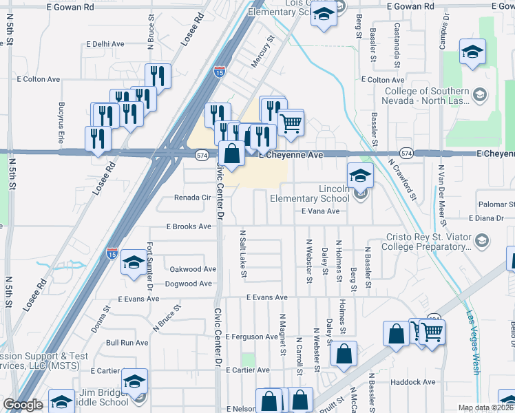 map of restaurants, bars, coffee shops, grocery stores, and more near 3020 Arrowhead Street in North Las Vegas